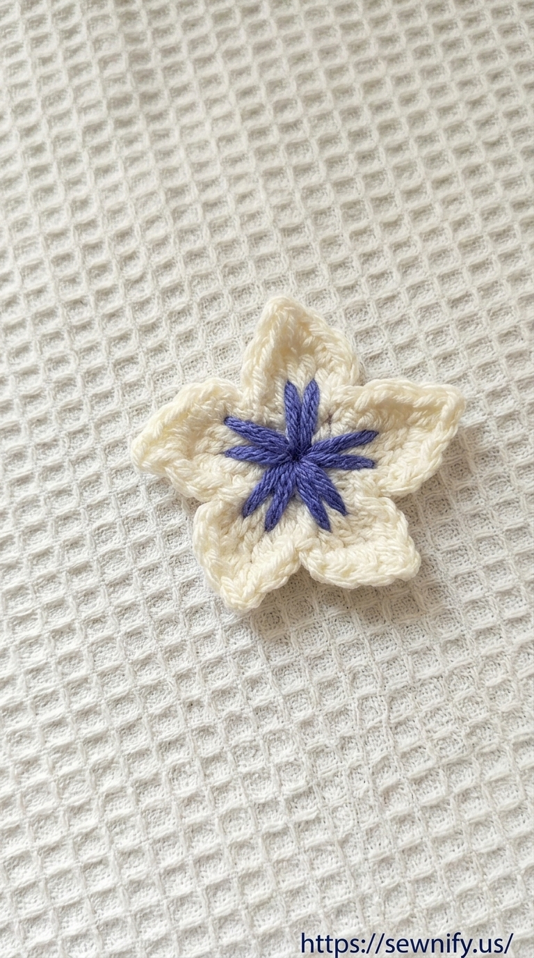 Applique Fleur 5 Pétales au Crochet avec Broderie Bleue | Motif DIY