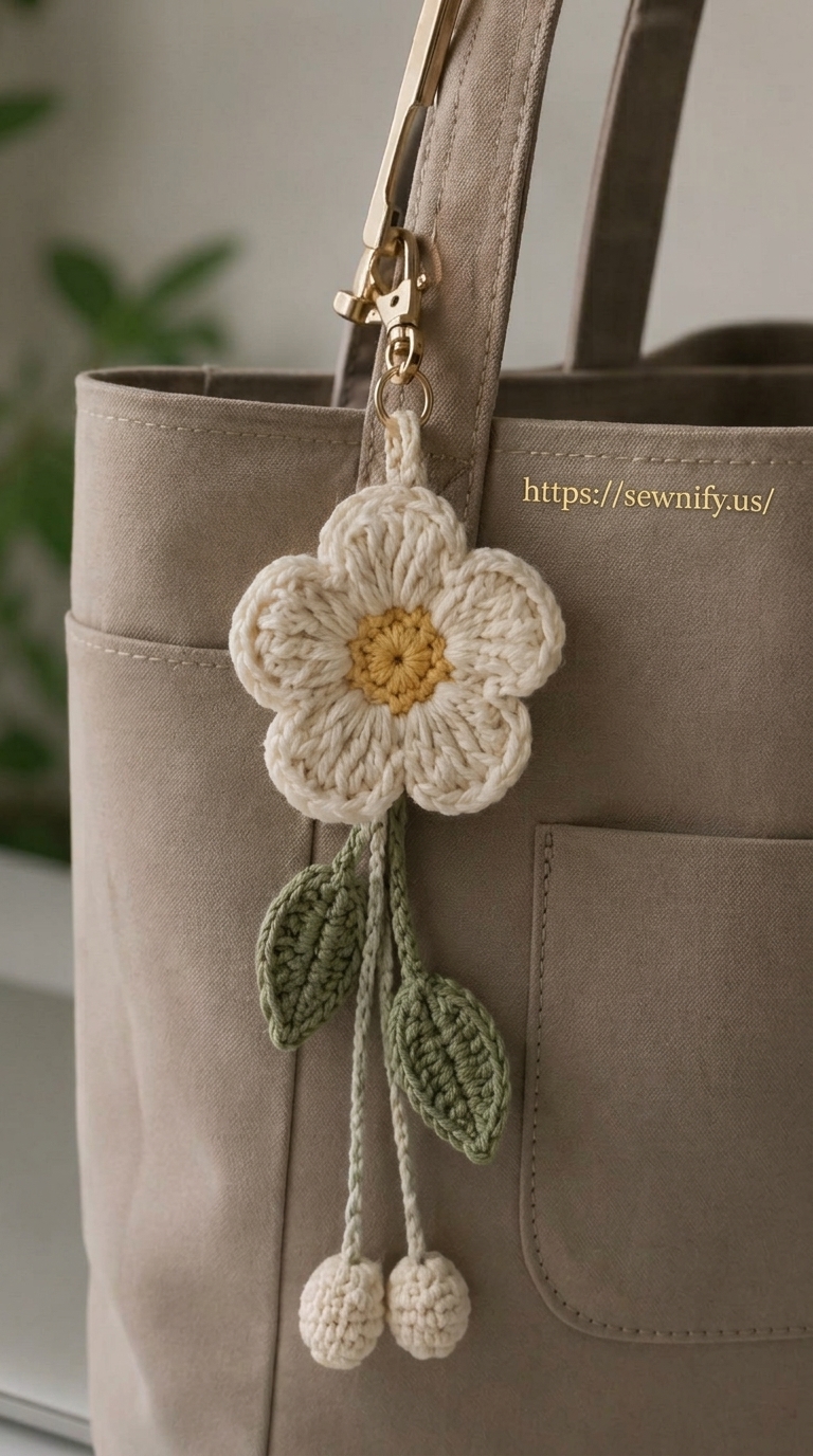 Bijou de Sac Fleur Blanche au Crochet avec Feuilles - Suspension Fait Main