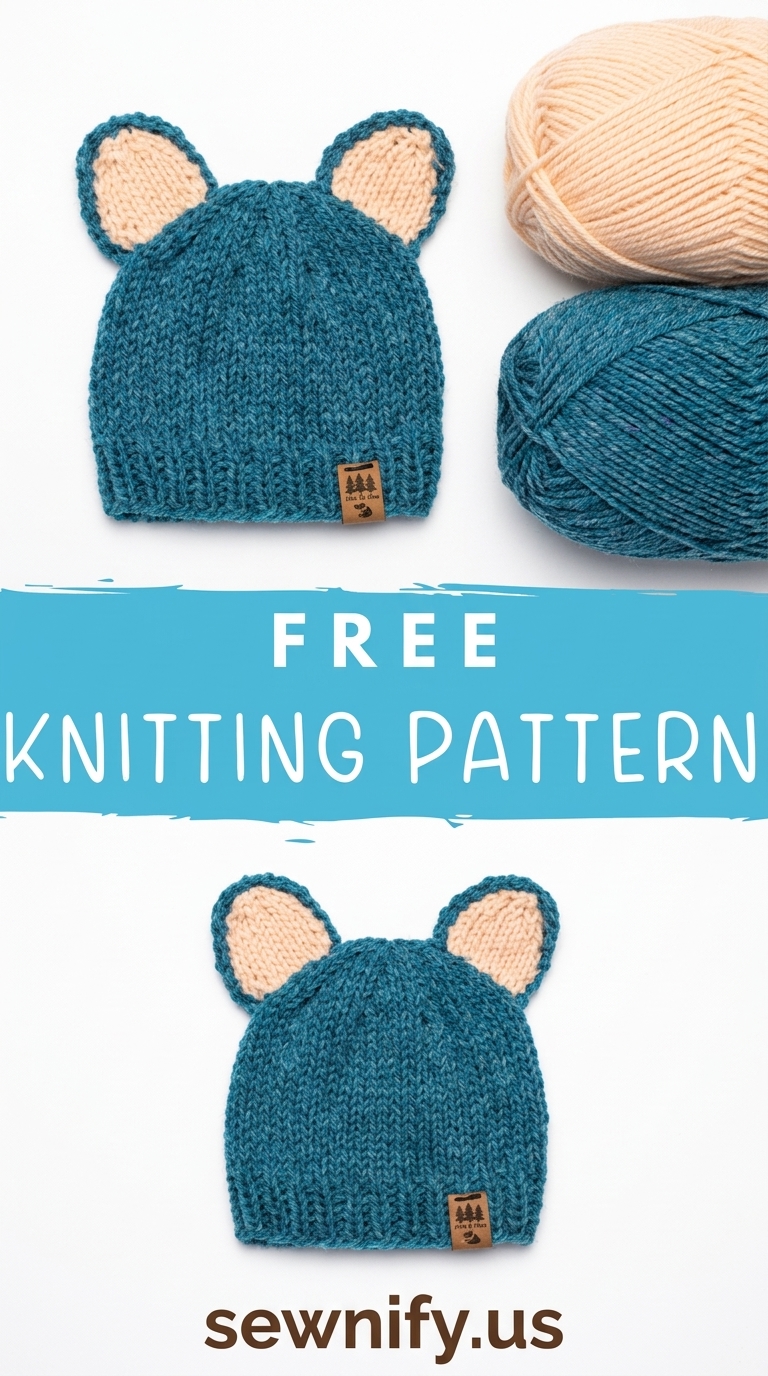 Bonnet Tricoté Bleu avec Oreilles d'Ours Patron Gratuit Laine Bébé