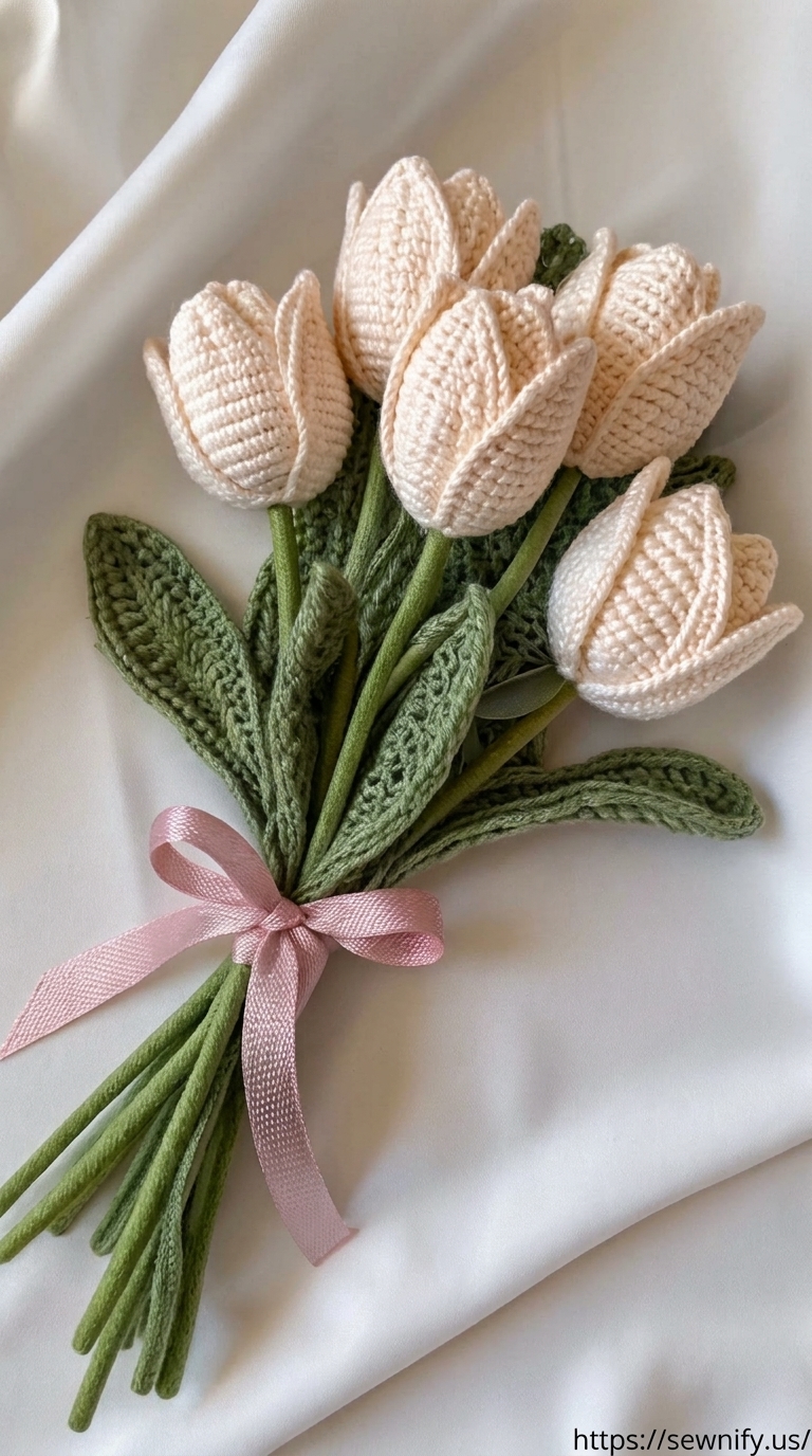 Bouquet de Tulipes en Laine Beige au Crochet | Fleur Permanente Fait Main