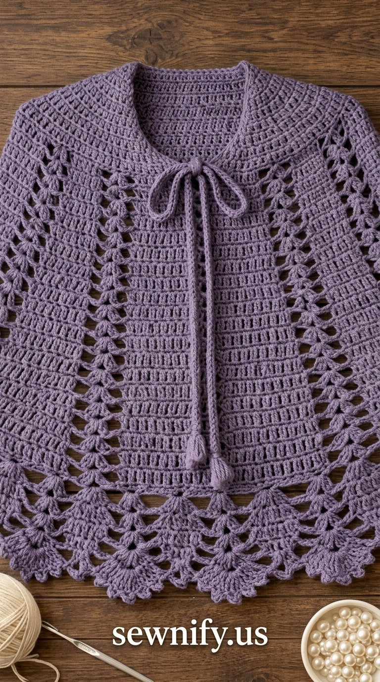 Capelet Court au Crochet Couleur Lilas - Poncho Dentelle Fait Main