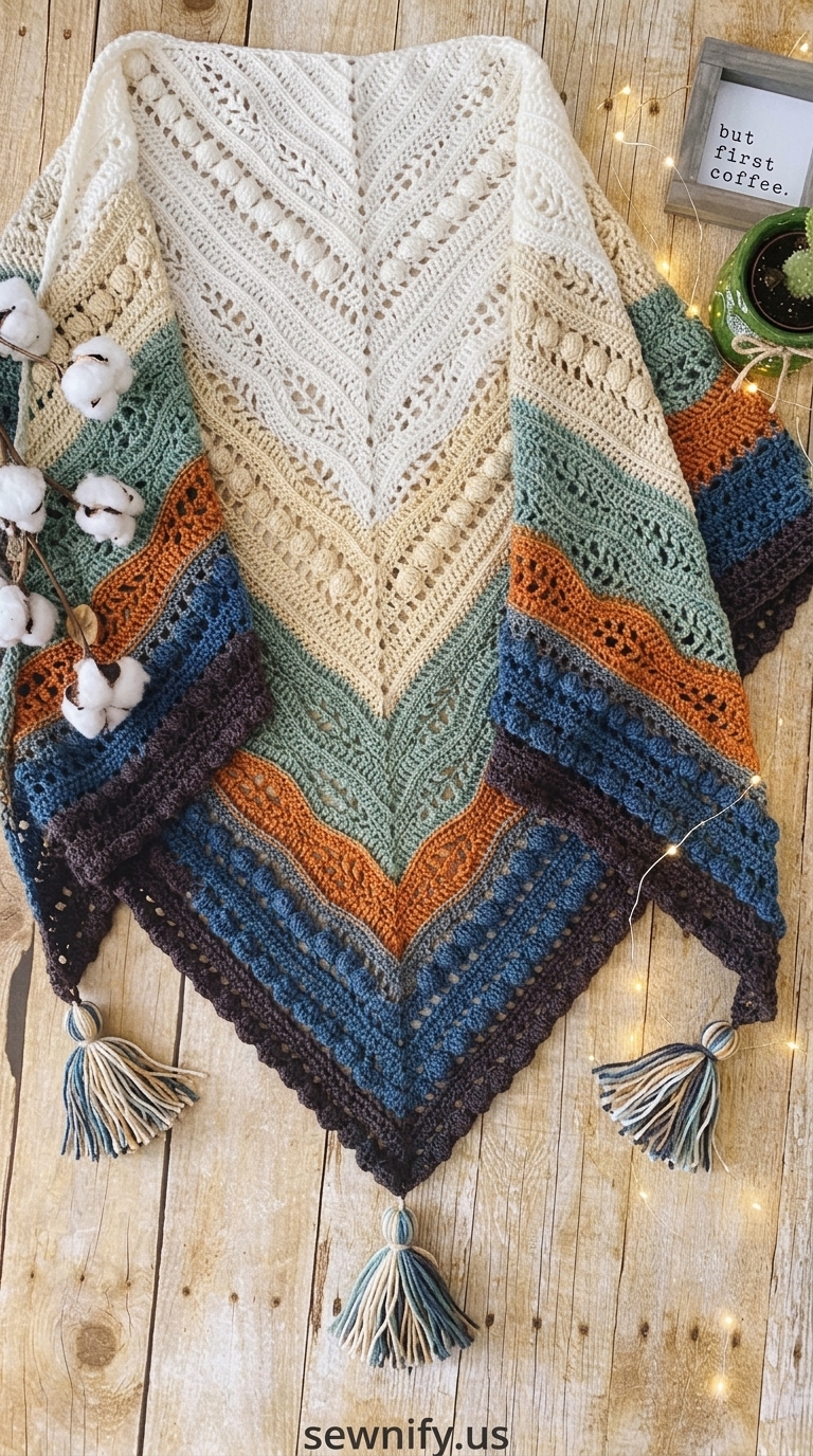 Châle Triangulaire au Crochet avec Reliefs et Pompoms Pattern Boho Chic