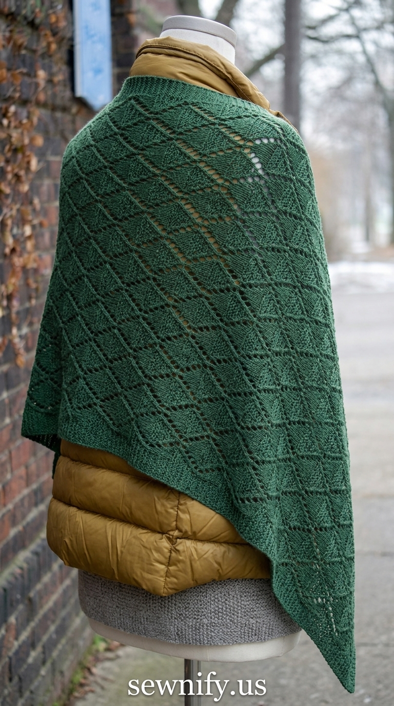 Châle Triangulaire en Tricot Vert Sapin Motif Dentelle - Tuto Châle Laine