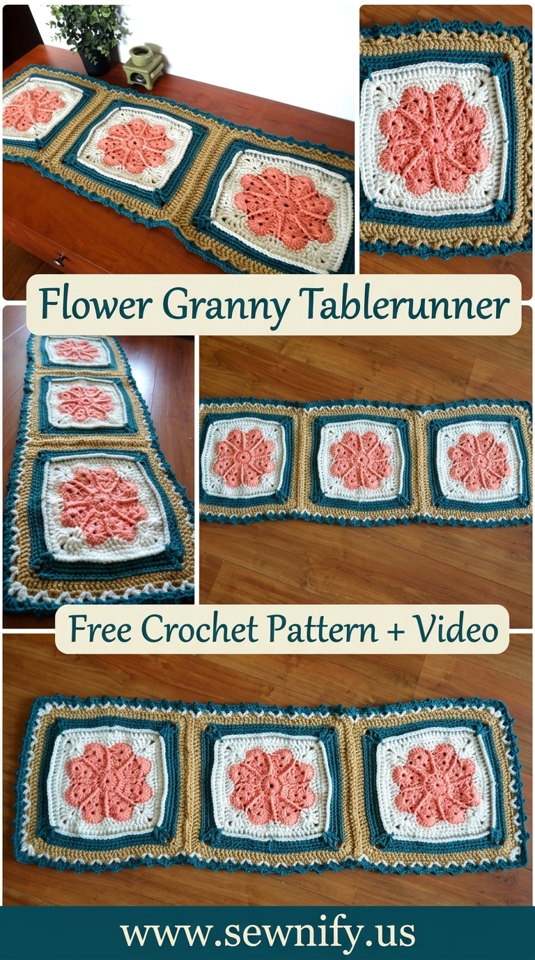 Chemin de Table Floral Granny Square au Crochet - Déco Table Terracotta