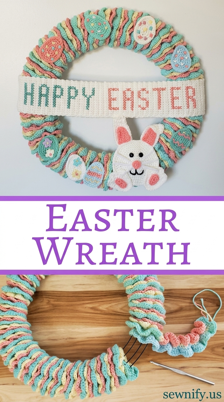 Couronne de Pâques au Crochet avec Lapin et Œufs Déco Printemps DIY