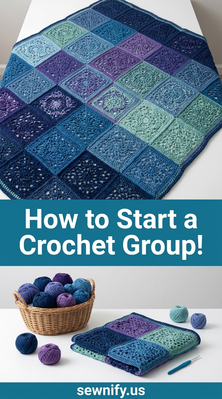 Couverture de Laine au Crochet Carrés de Grand-Mère - Plaid Mosaïque Bleue