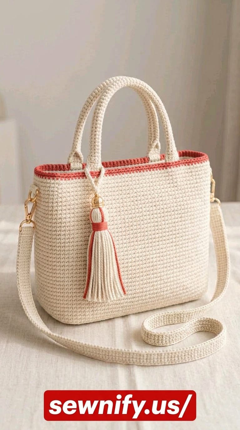 Cream Woven Tote Featuring Coral Trim and Tassel