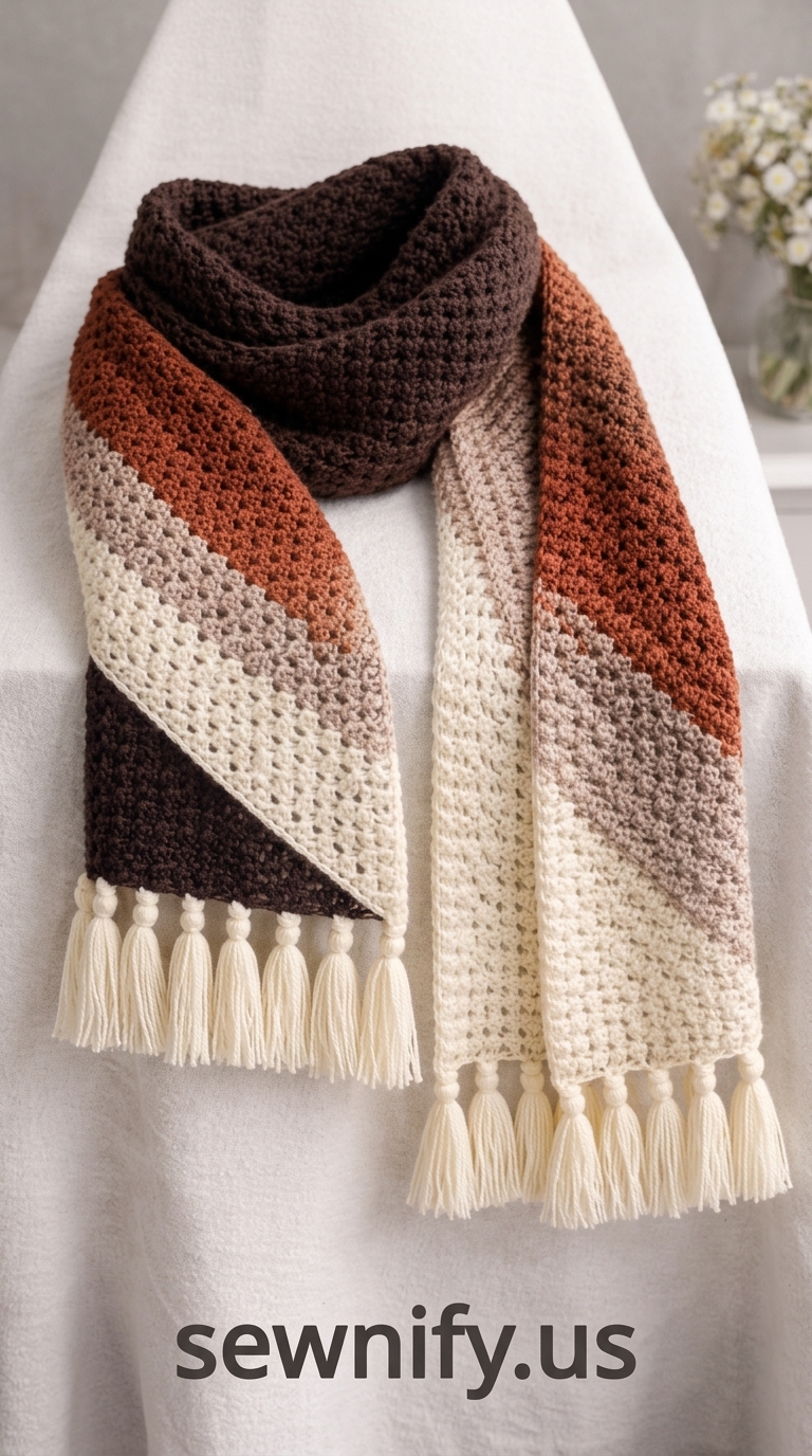 Écharpe Longue au Crochet Terracotta Marron et Beige avec Franges DIY
