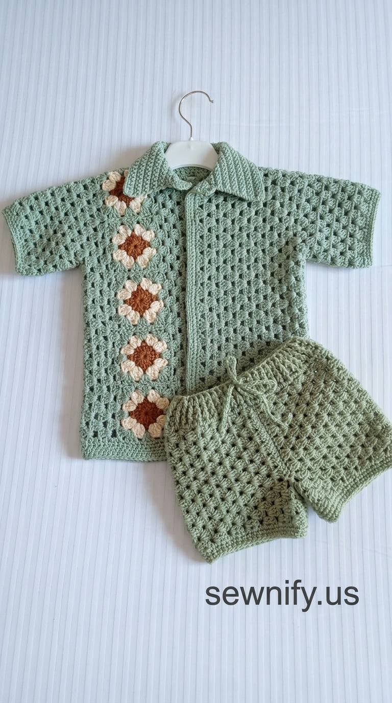 Ensemble Chemise et Short Bébé au Crochet Vert Motif Fleurs Patron DIY