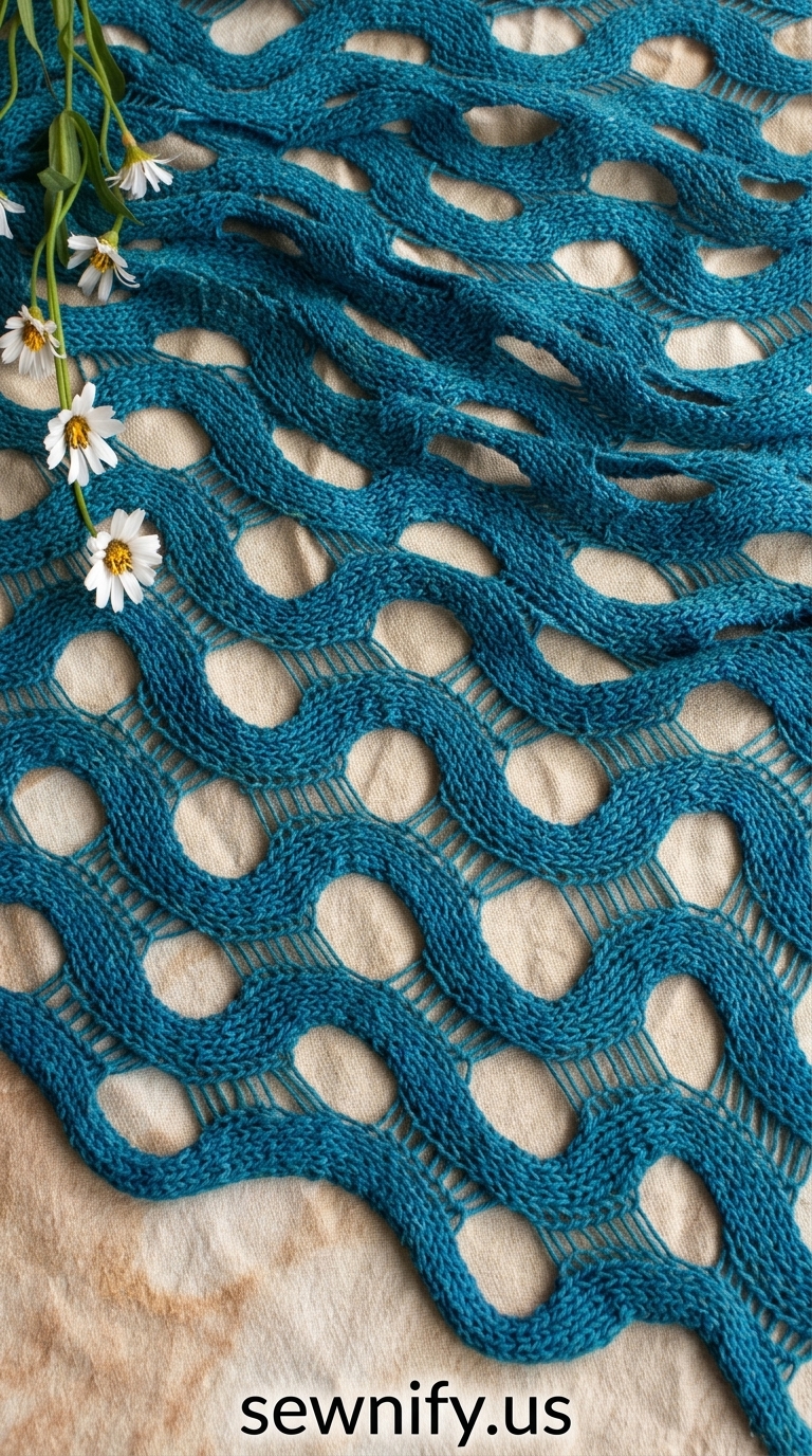 Étole Dentelle Motif Vagues Bleu Canard Châle Ajouré Fait Main