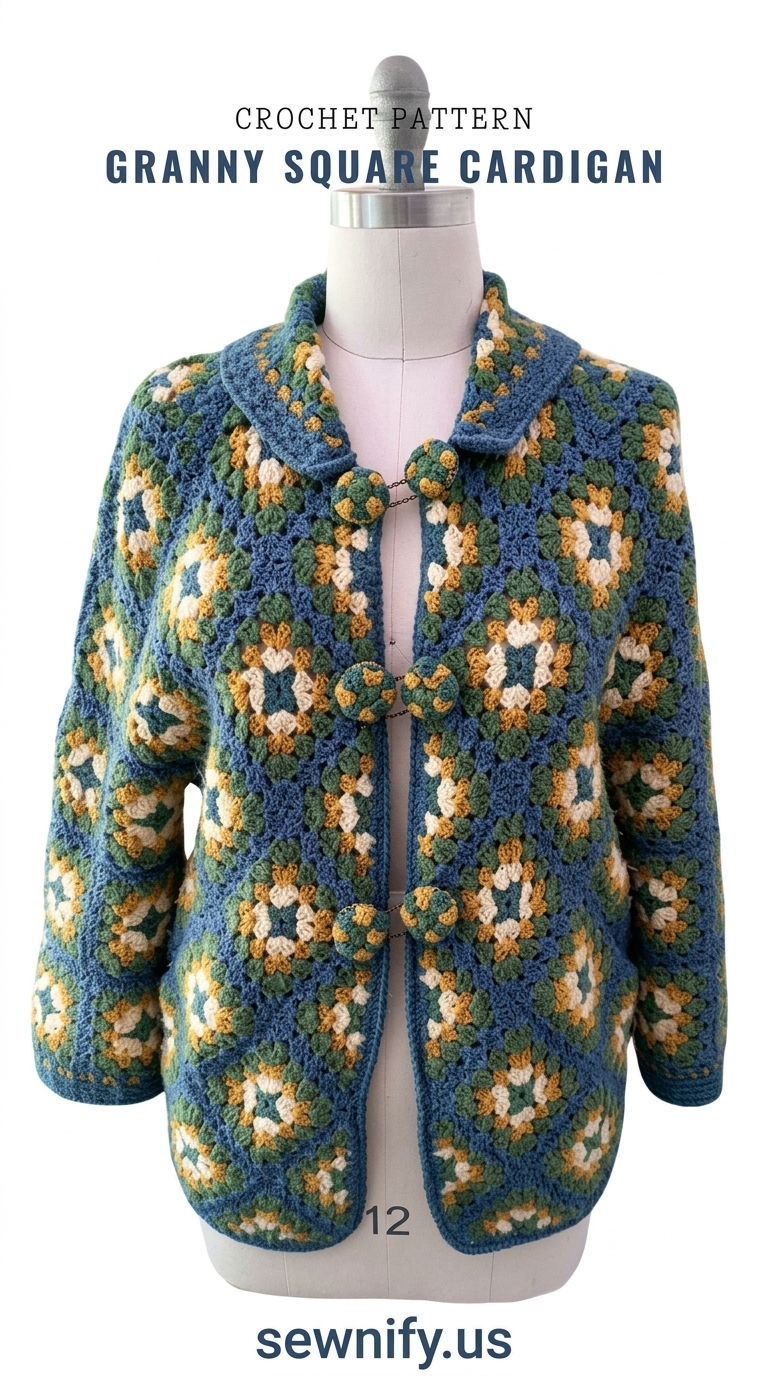 Gilet Cardigan Granny Square au Crochet Bleu Patron Veste Vintage DIY