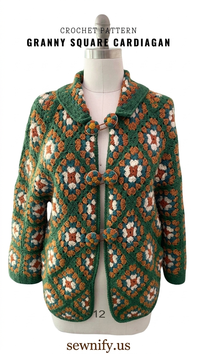 Gilet Cardigan Granny Square au Crochet Vert Patron Veste Vintage DIY