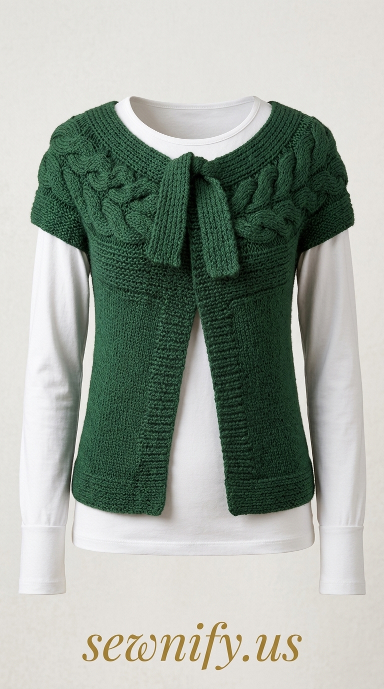 Gilet Court Vert Sapin au Tricot Torsades et Col à Nouer Mode Femme DIY