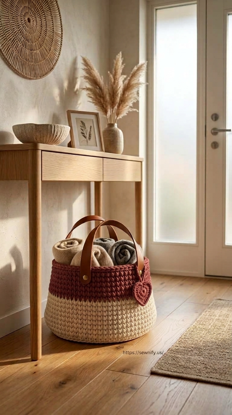 Grand Panier de Rangement au Crochet avec Anses en Cuir | Déco