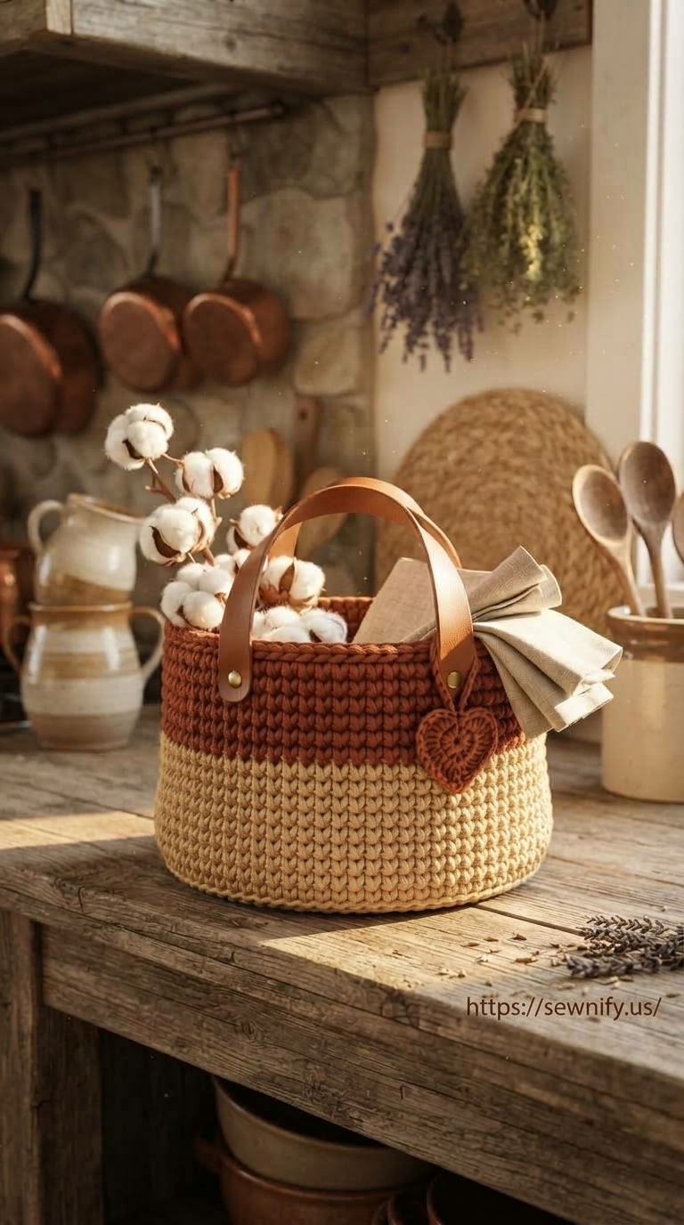 Grand Panier de Rangement Crochet Bicolore | Déco Cuisine Rustique
