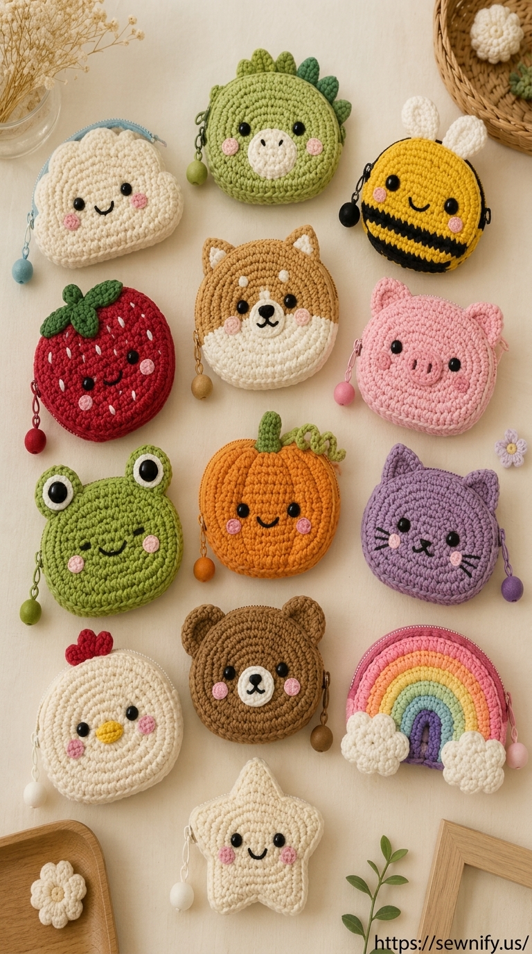 Lot Pochettes Animaux et Fruits au Crochet | Mini Porte-Monnaie Mignon