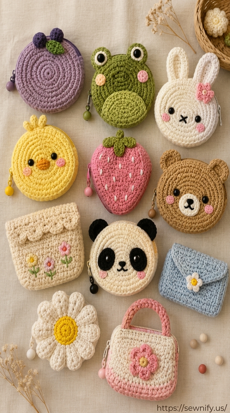 Lot Pochettes Rangement Animaux et Fleur au Crochet | Étui Kawaii DIY