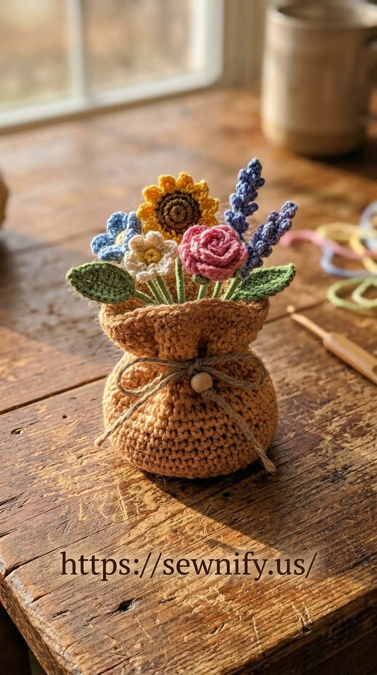Mini Bouquet Floral en Pot Sac au Crochet | Déco Table Amigurumi
