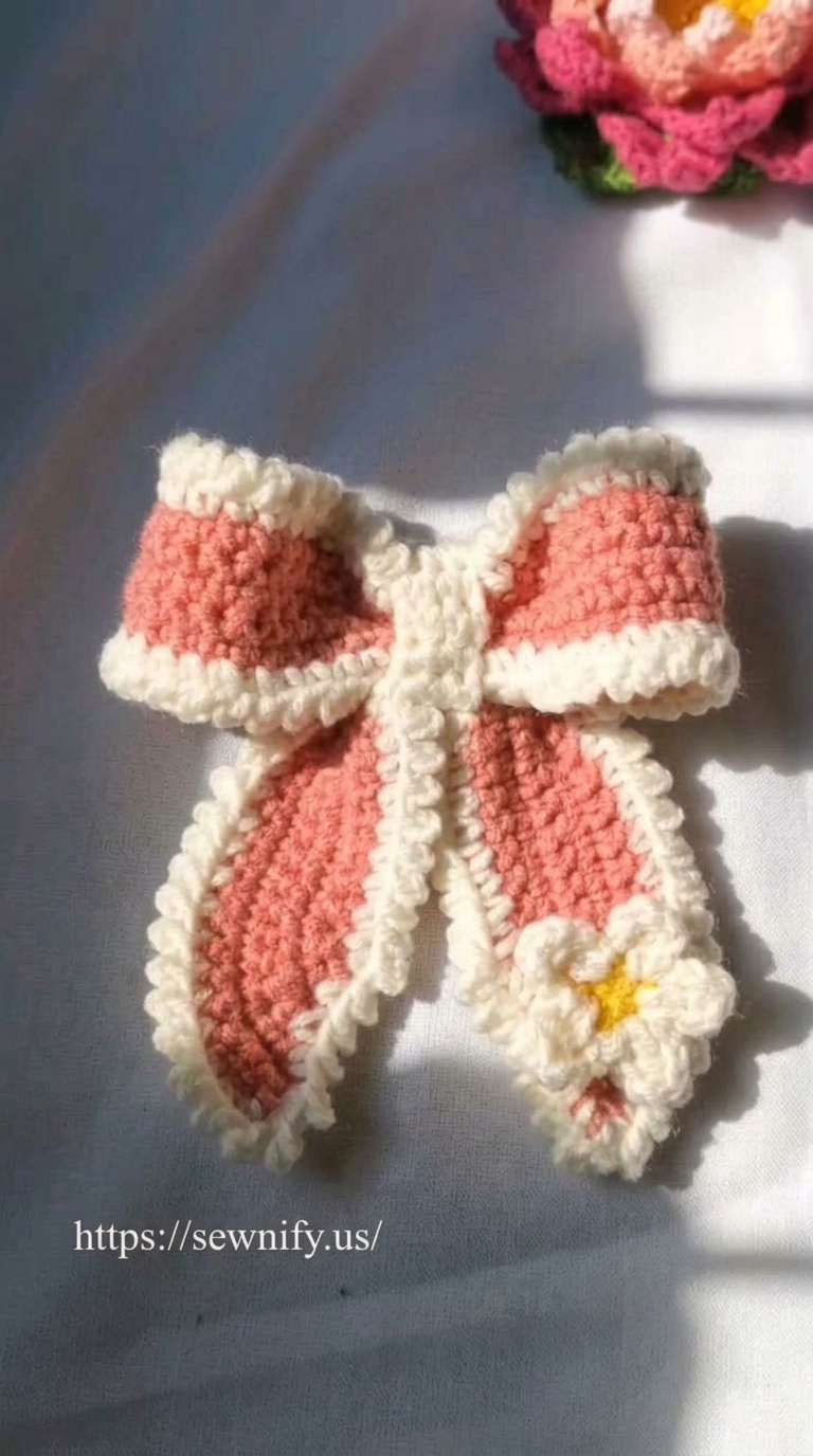 Noeud au Crochet Rose et Blanc avec Fleur | Accessoire Sac Coquette DIY