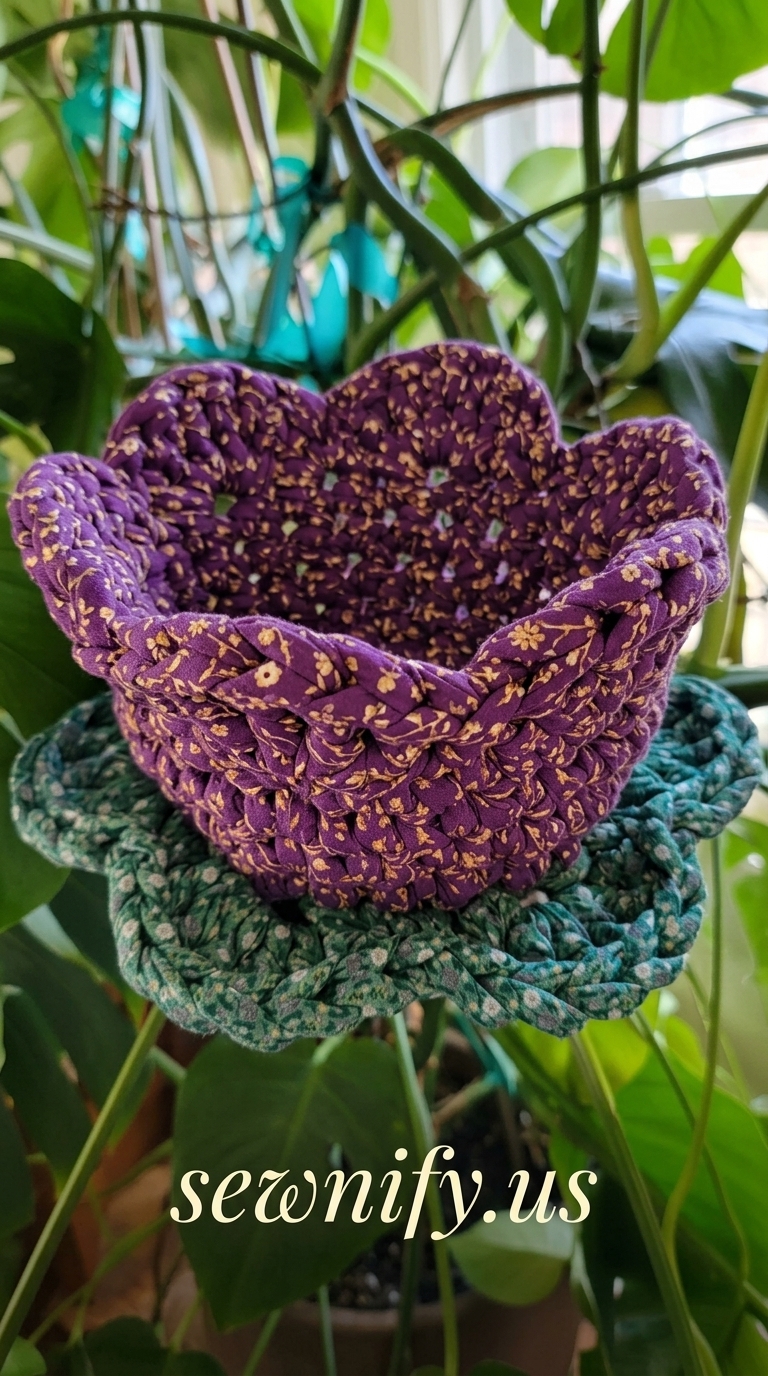 Panier Fleuri en Tissu Recyclé au Crochet - Bol Décoratif Fait Main