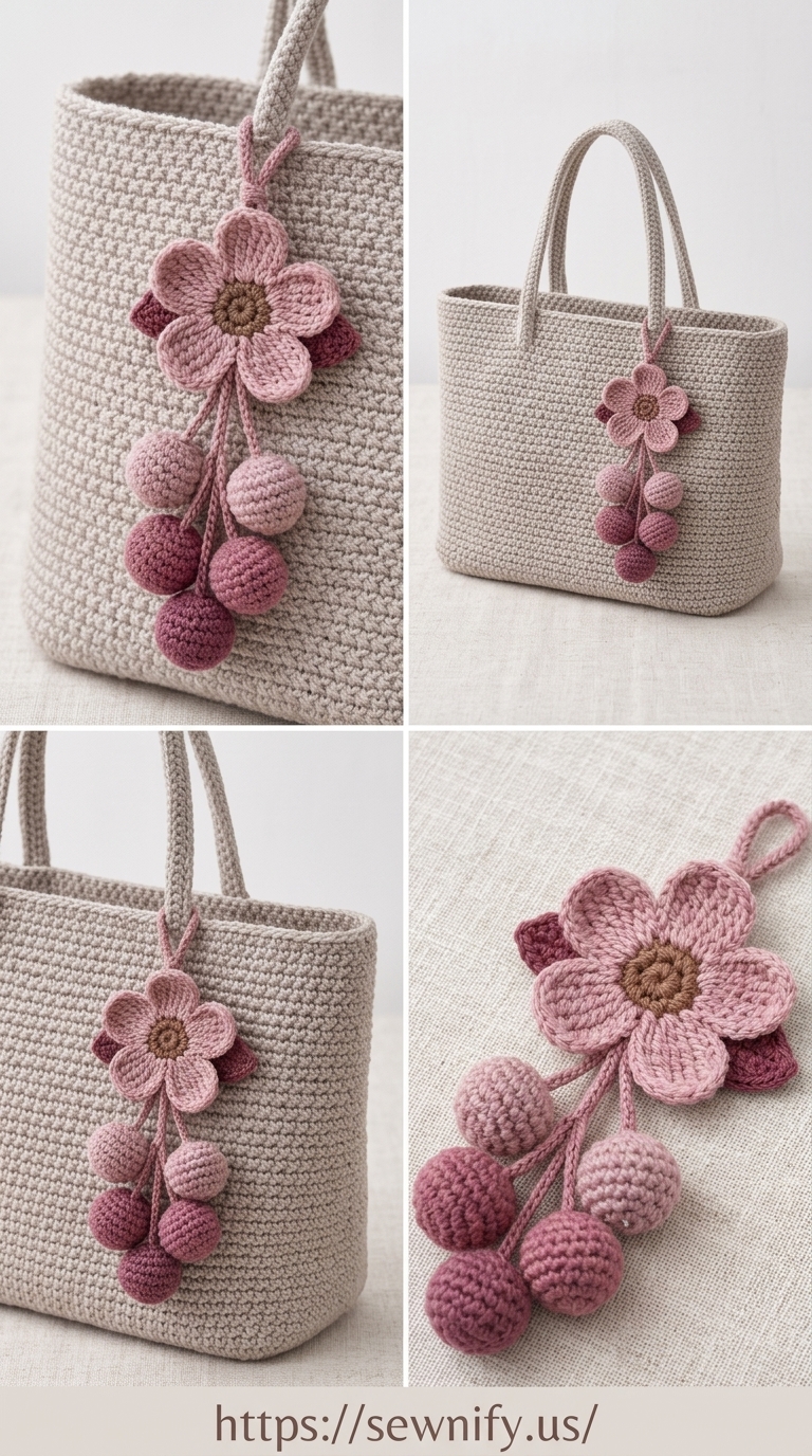Pendentif de Sac Fleur et Pompons Boules au Crochet | Style Boho Élégant