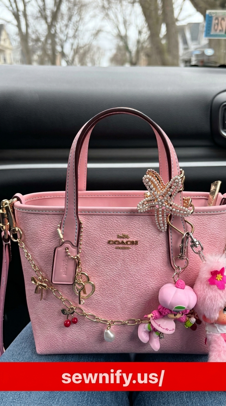 Pink Leather Coach Tote Bag Decorated with Charms