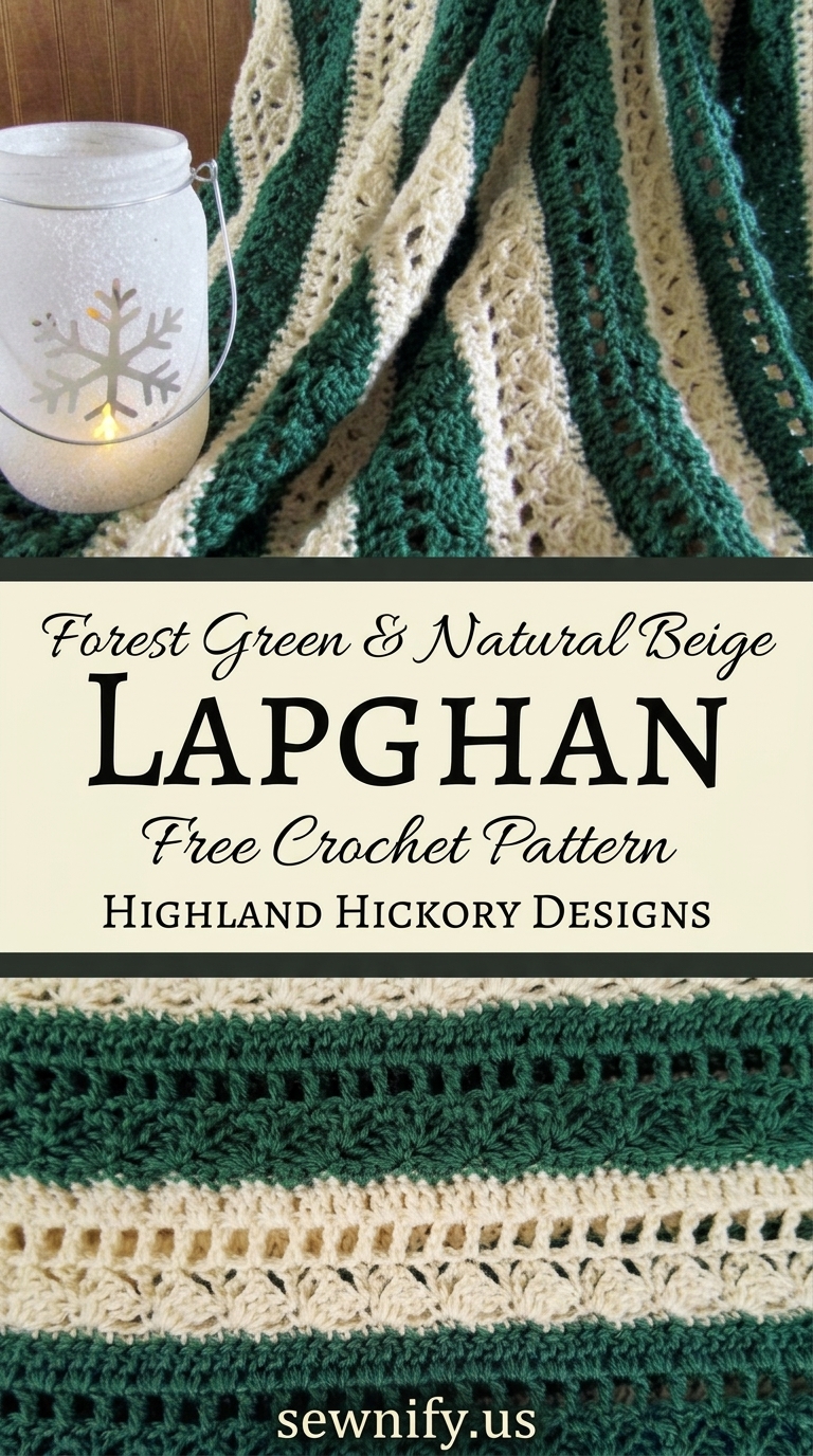 Plaid Couverture Lapghan Rayé Vert Forêt et Beige au Crochet Patron Gratuit