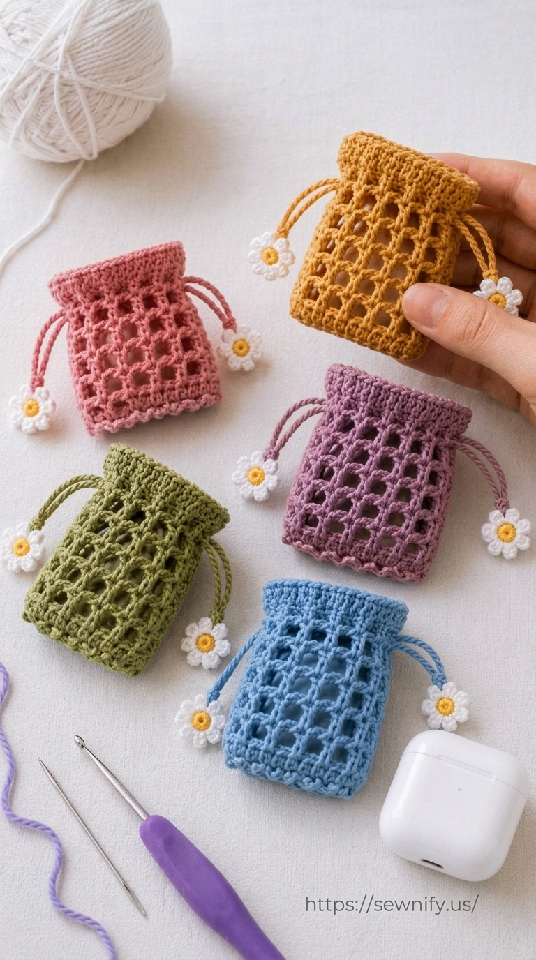 Pochette AirPods Réseau en Crochet avec Marguerites | Housse Écouteurs DIY