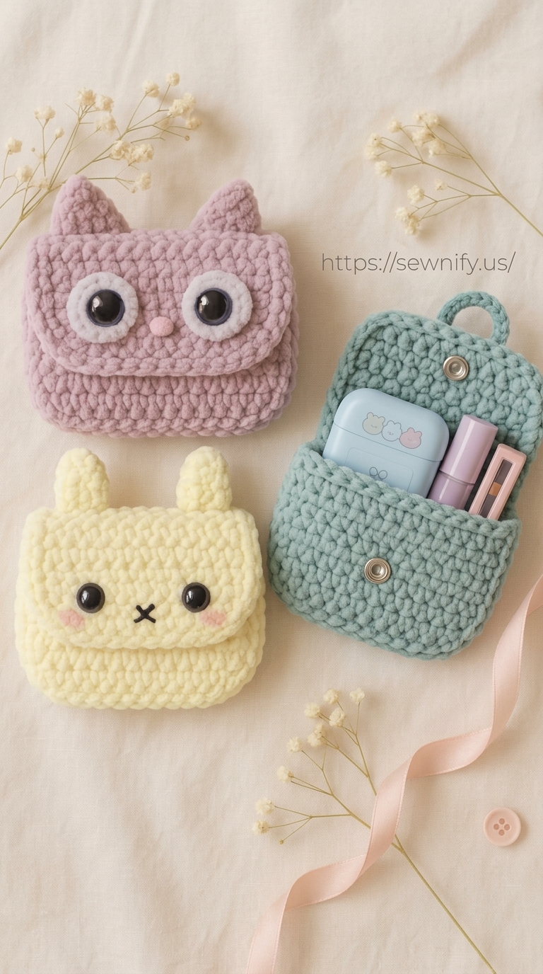 Pochettes Animaux en Laine Peluche au Crochet | Étui Écouteurs Kawaii