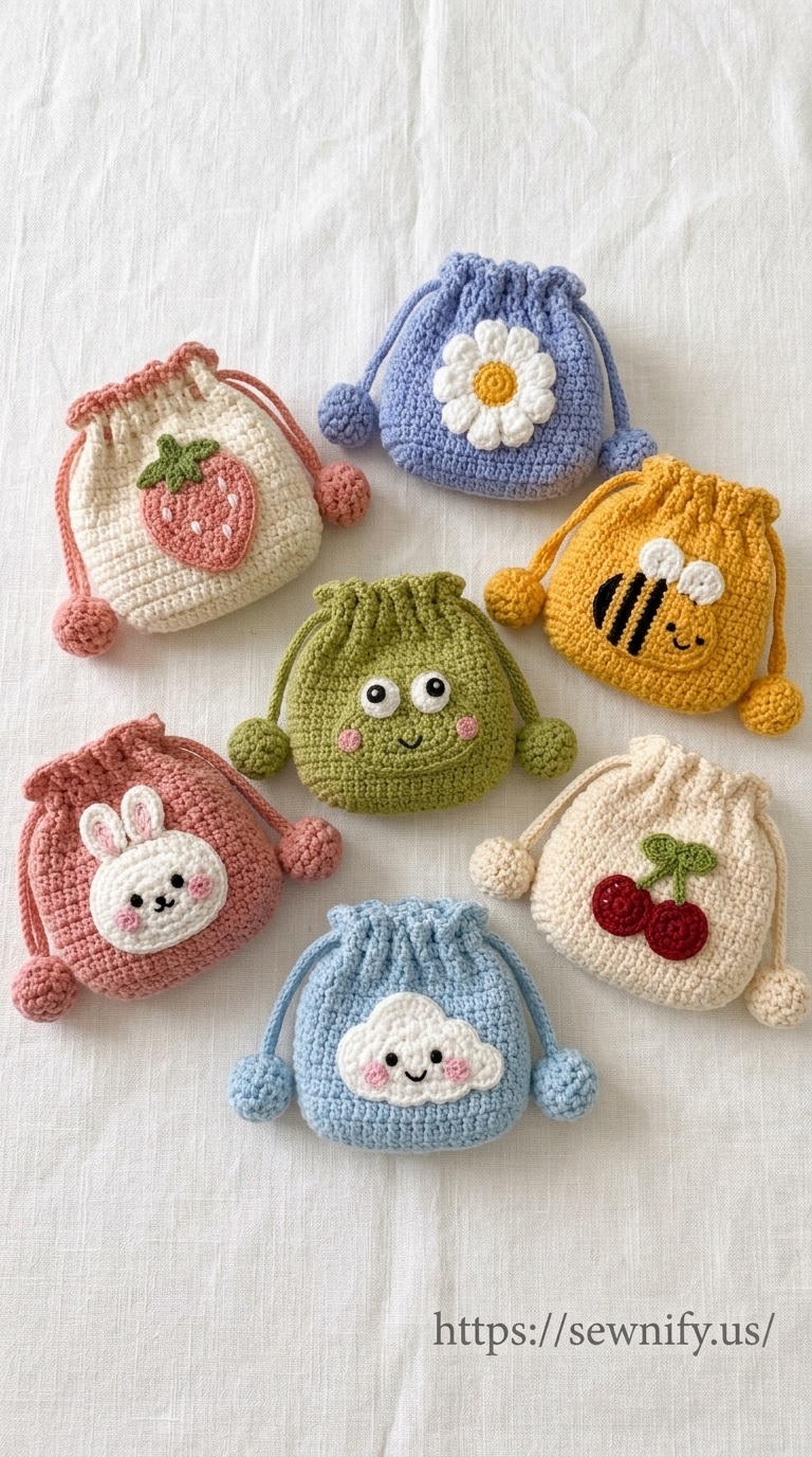 Pochettes Cordons Amigurumi Animaux et Fruits au Crochet | Mini Sac Mignon