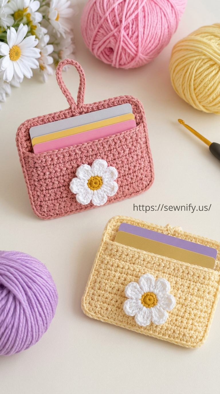 Porte-Cartes au Crochet avec Fleur Marguerite | Étui Carte Fait Main