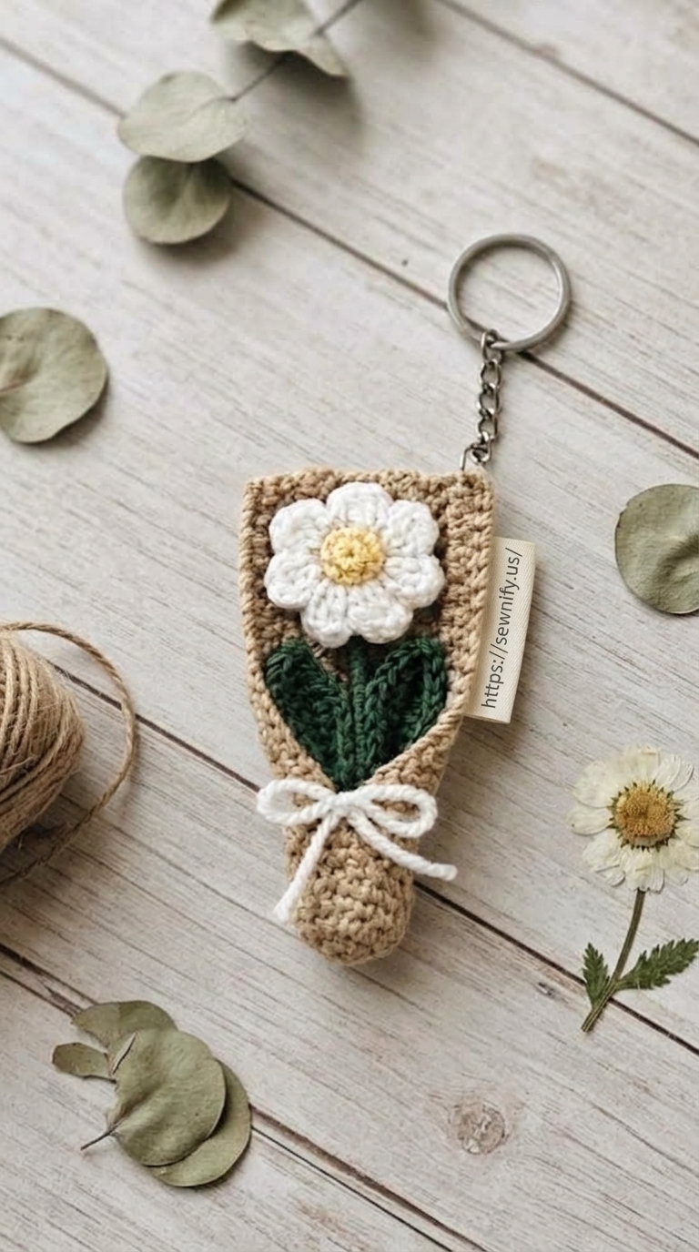 Porte-Clés Bouquet de Fleur Marguerite au Crochet | Emballage Cadeau DIY
