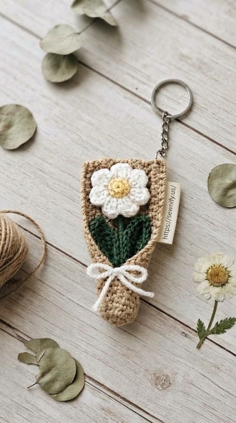 Porte-Clés Bouquet de Fleur Marguerite au Crochet | Emballage Cadeau DIY