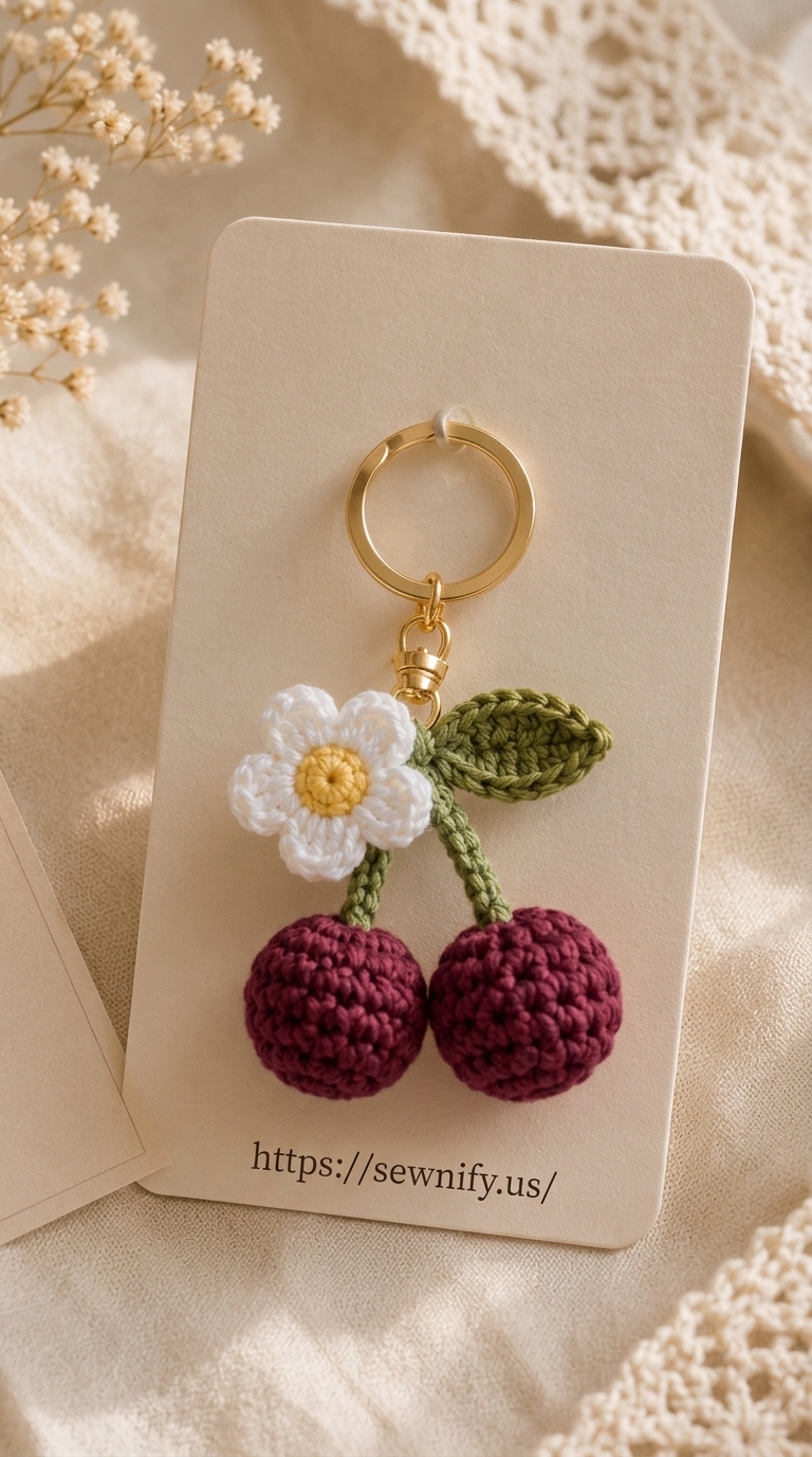 Porte-Clés Cerises au Crochet avec Fleur | Accessoire Sac Esthétique