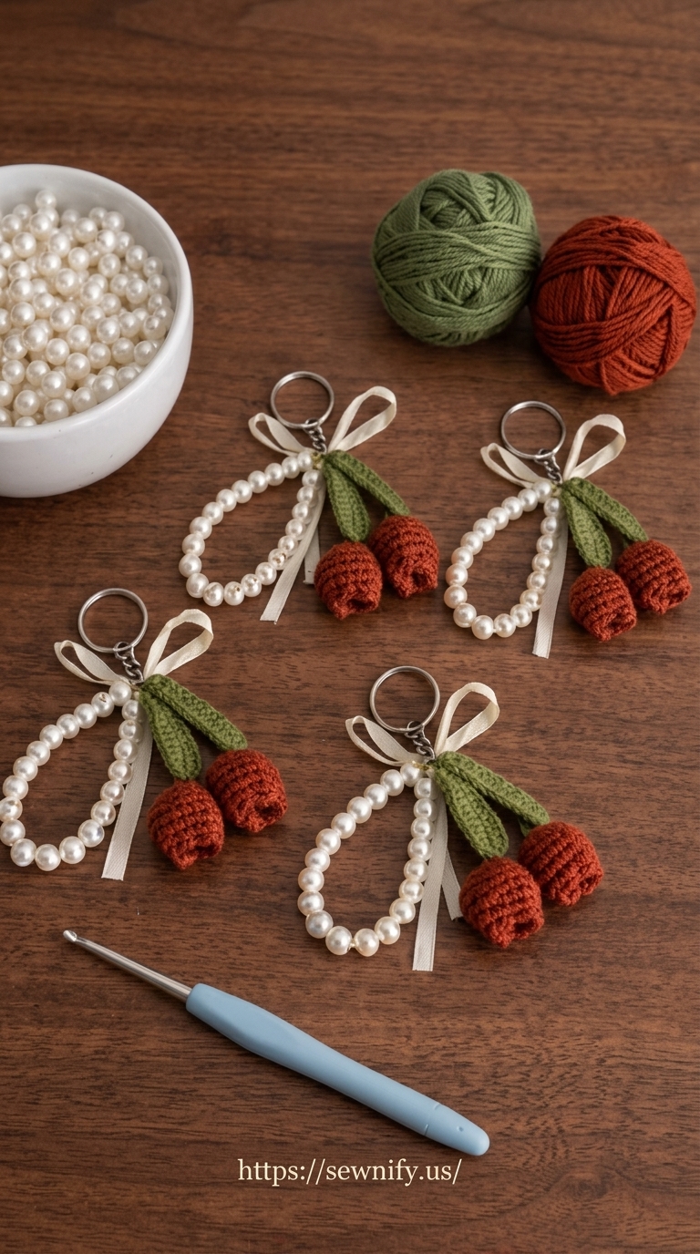 Porte-Clés Cerises au Crochet avec Perles | Accessoire Sac DIY Esthétique
