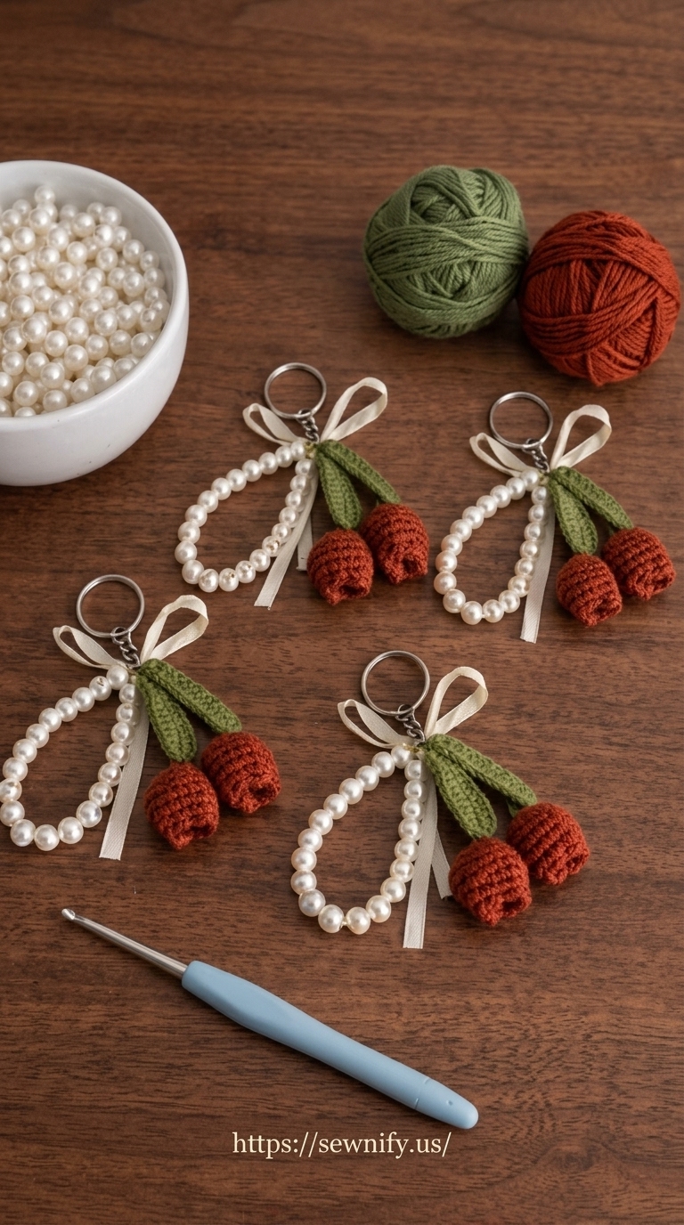 Porte-Clés Cerises au Crochet avec Perles | Accessoire Sac DIY Esthétique