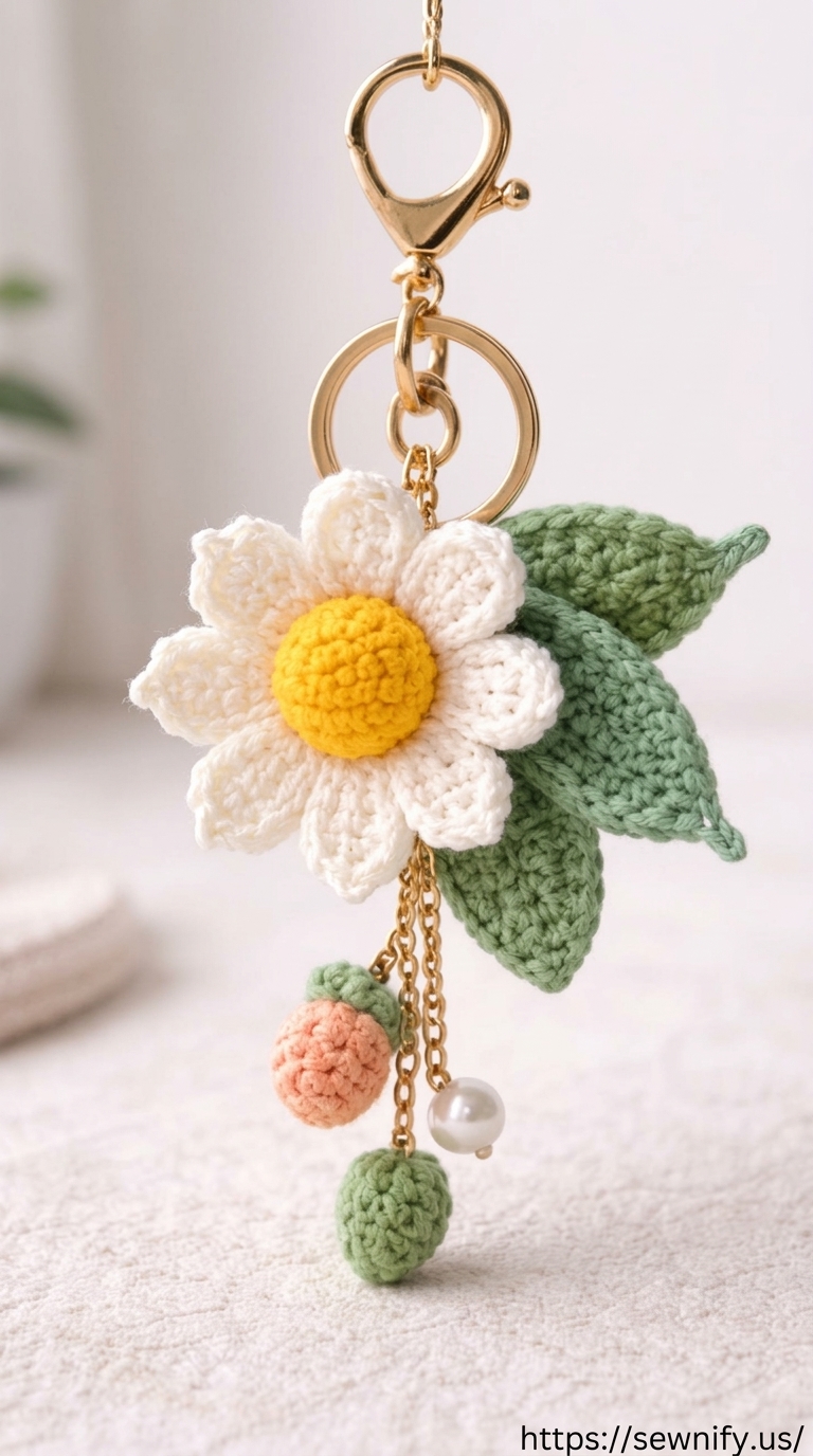 Porte-Clés Daisy Marguerite au Crochet et Perles | Accessoire Sac Chic