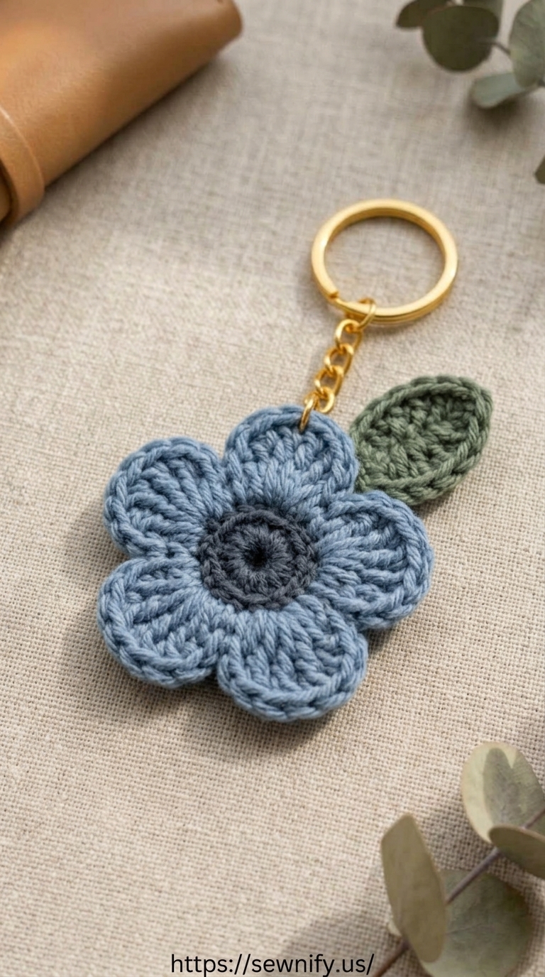 Porte-Clés Fleur Bleue et Feuille au Crochet | Accessoire Sac Aesthetic