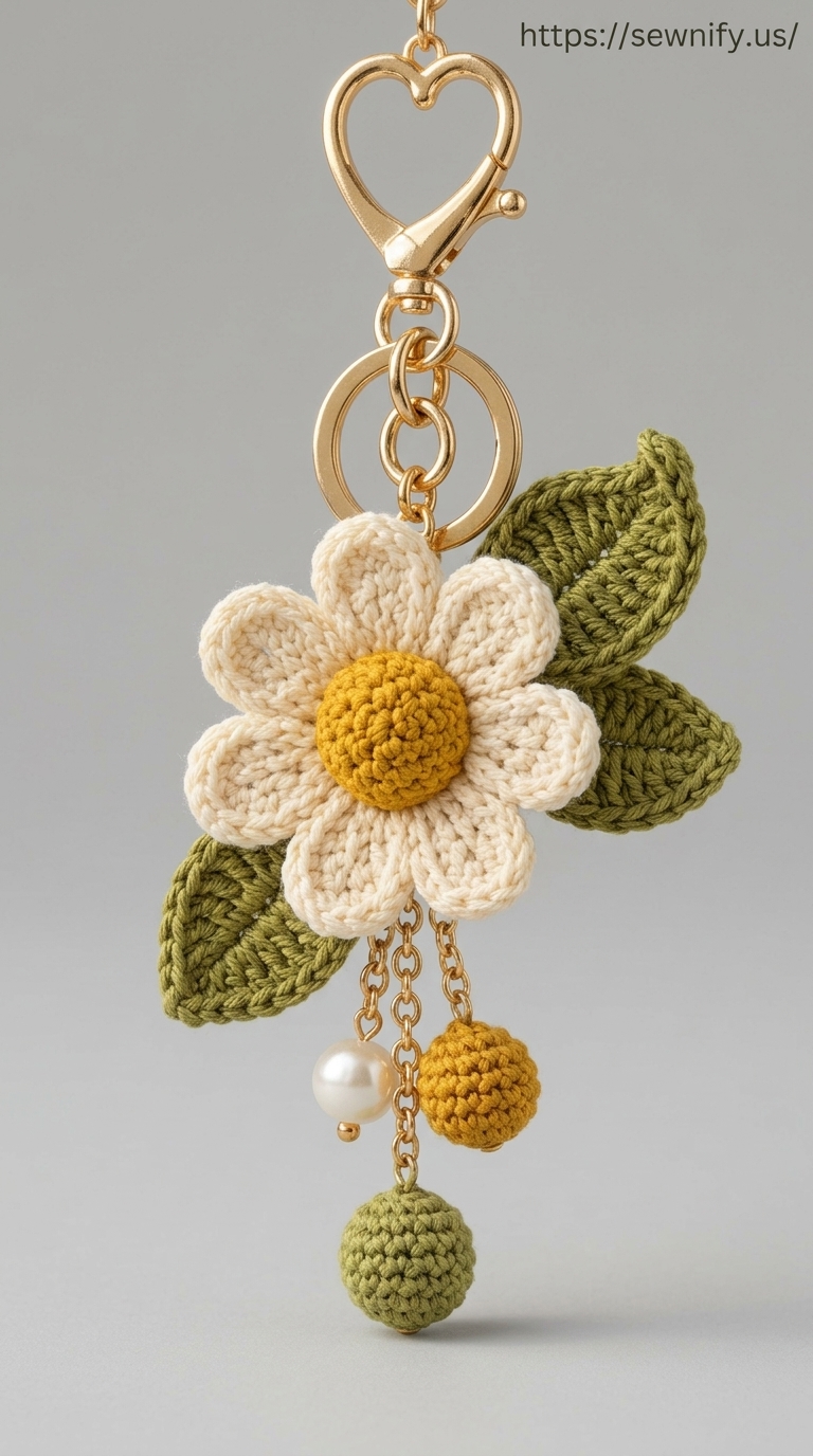 Porte-Clés Fleur Marguerite au Crochet avec Feuilles et Perles | Charm Sac