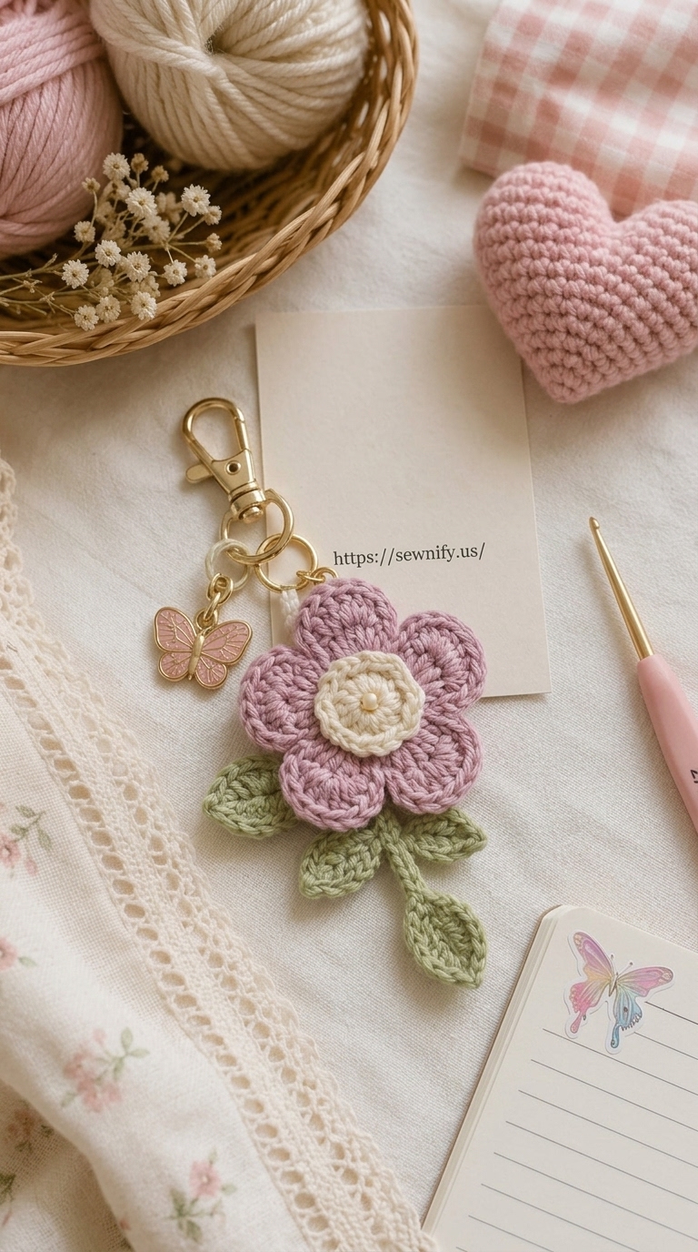 Porte-Clés Fleur Violette et Papillon au Crochet | Accessoire Sac Aesthetic