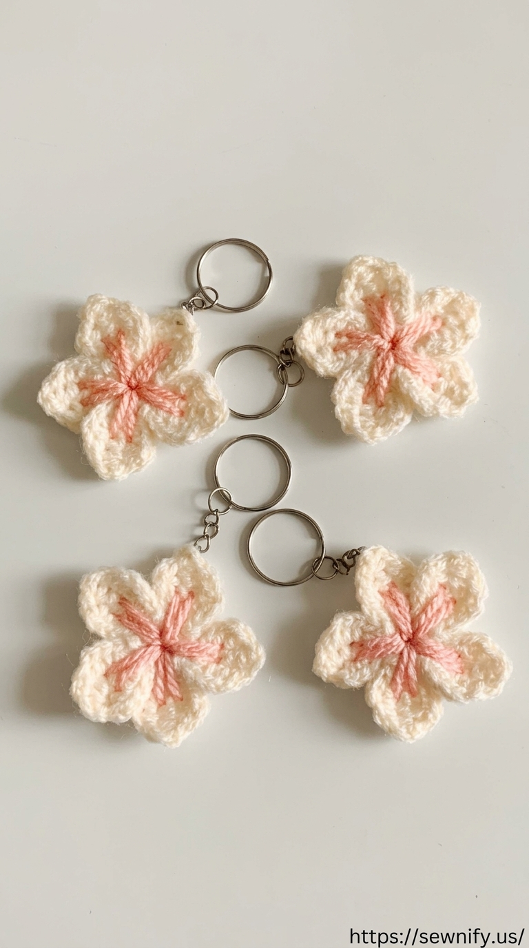 Porte-Clés Fleurs de Sakura Rose au Crochet | Charm de Sac Fait Main