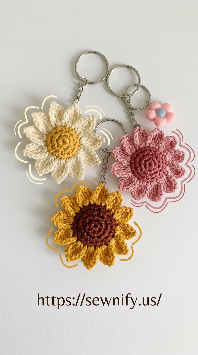 Porte-Clés Fleurs de Tournesol au Crochet | Bijou de Sac Fait Main