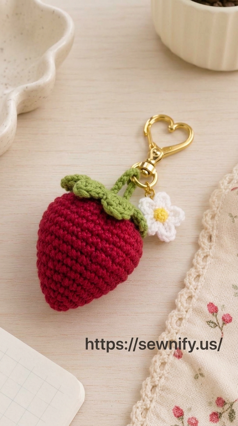 Porte-Clés Fraise au Crochet avec Fleur | Charm de Sac Fait Main