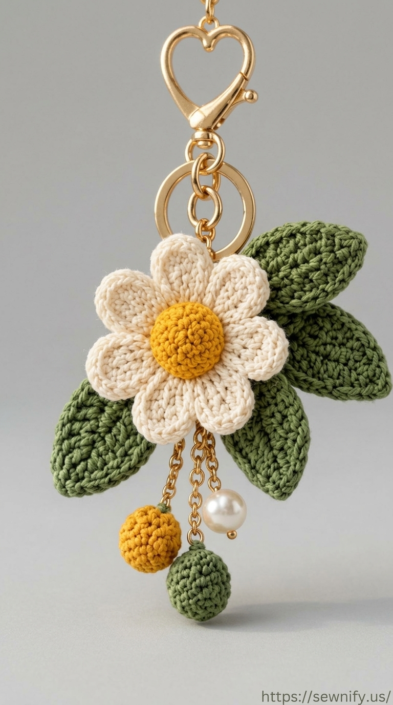 Porte-Clés Marguerite au Crochet avec Feuilles et Perles | Charm Sac