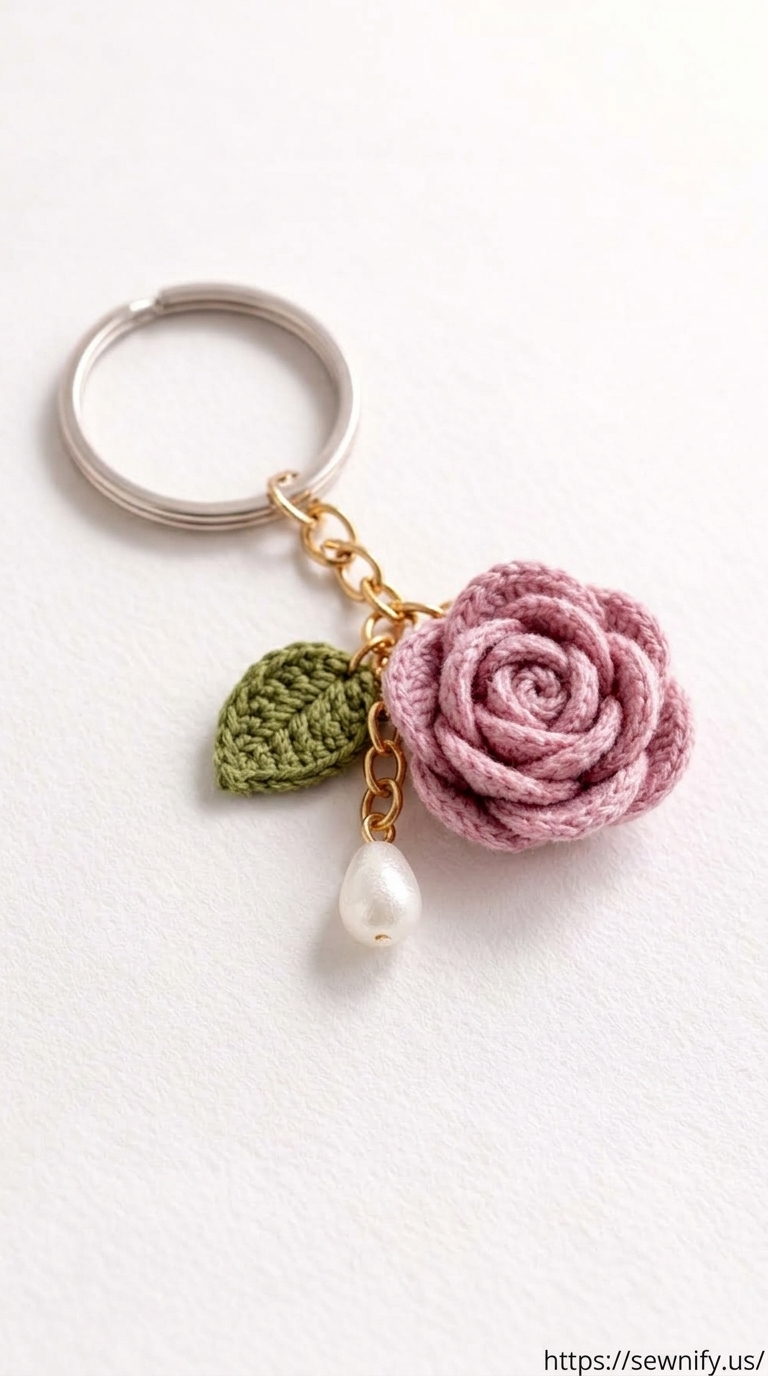 Porte-Clés Rose au Crochet et Perle Nacre | Accessoire Sac Chic Fait Main