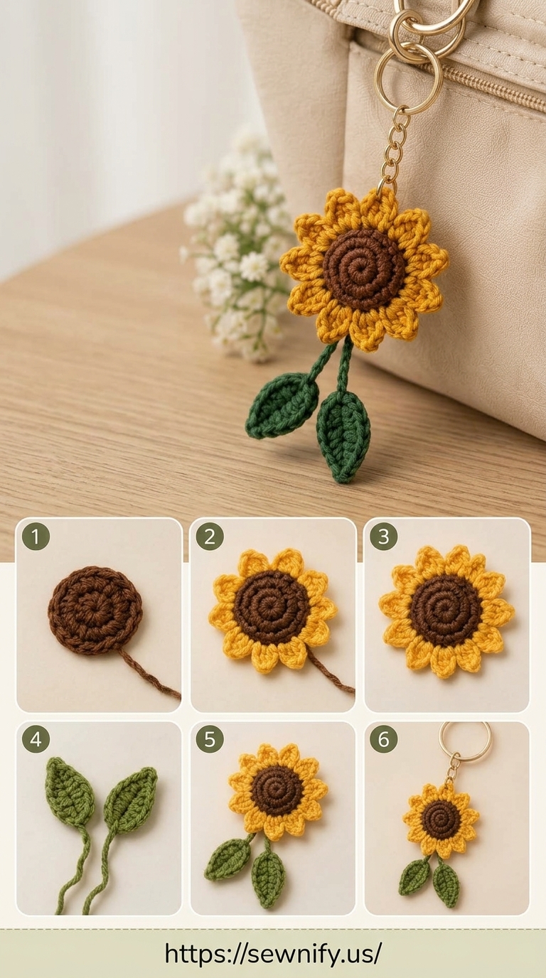 Porte-Clés Tournesol avec Feuilles au Crochet | Tuto Facile Pas à Pas
