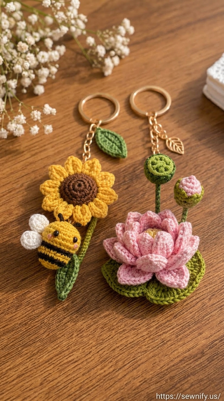 Porte-Clés Tournesol et Fleur de Lotus au Crochet | Charme Abeille Fait Main