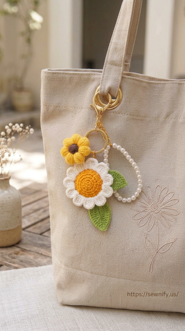 Porte-Clés Tournesol et Marguerite au Crochet avec Perles | Accessoire Sac