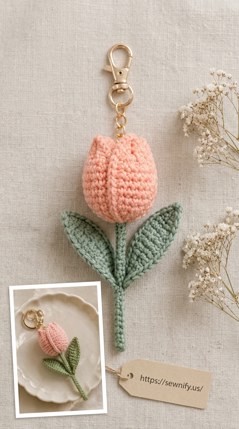 Porte-Clés Tulipes Rose et Tige Verte au Crochet | Accessoire Sac Boho