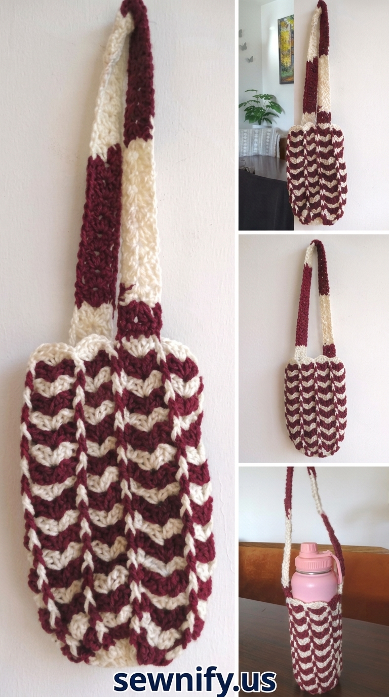Porte-Gourde au Crochet Bicolore Bordeaux et Crème - Accessoire Fait Main